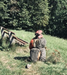 Bank mit Marienkäferskulptur